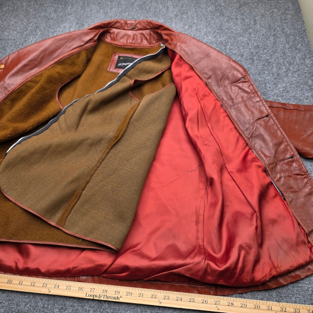 Vintage JCPenney Mens 38 Leather Car Coat Cognac Brown 70s Zip Out Liner Jacket - Picture 7 of 9